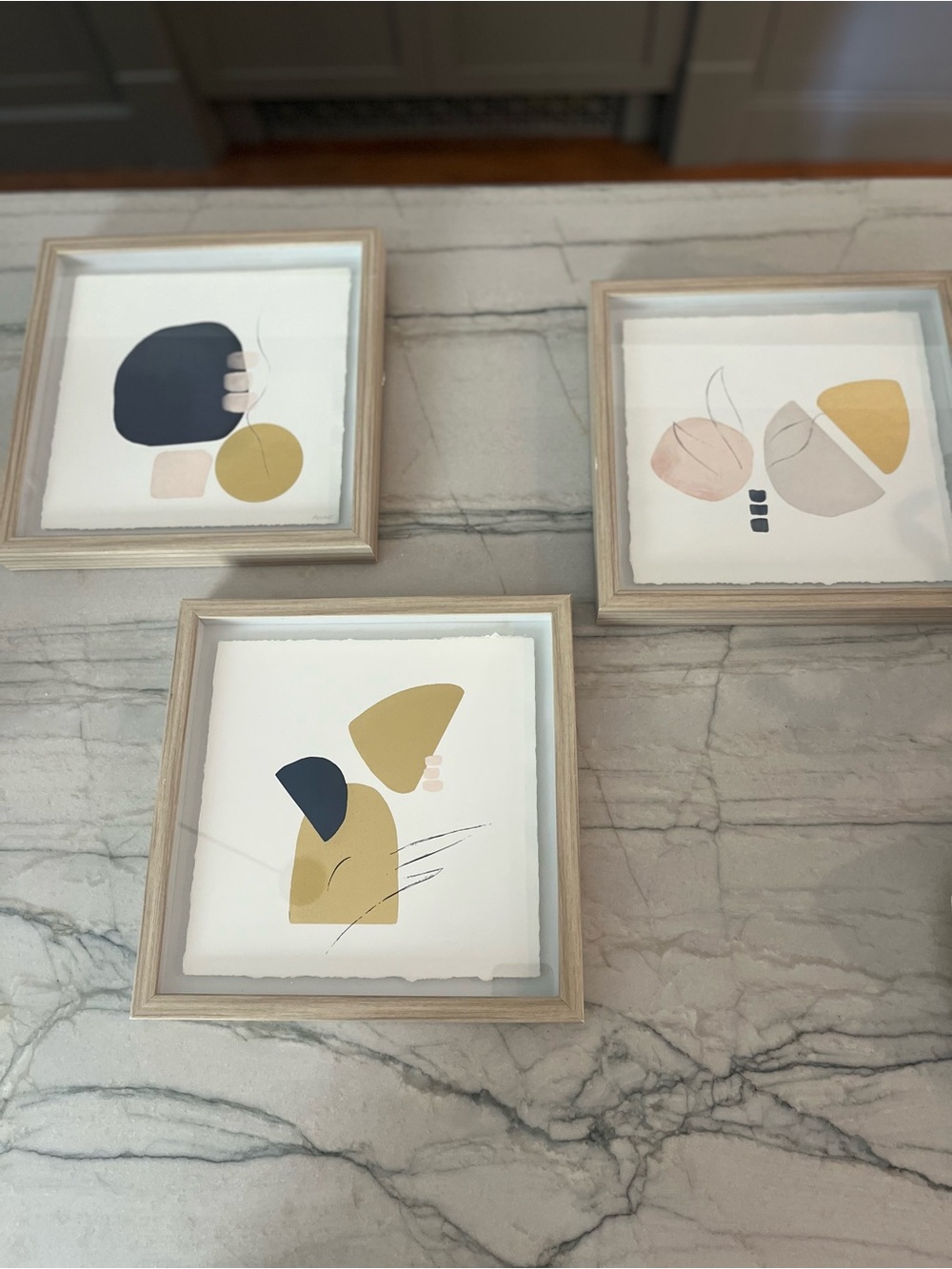 Abstract Minimalist Framed Wall Art Set - Neutral Gold, Pink & Navy